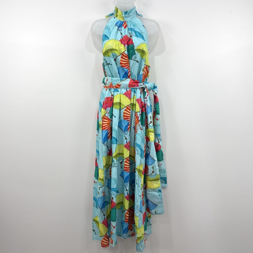 Holly Shae Dress M/L Japanese Fans AOP NWT Resort Beachy Coastal Maxi Belted